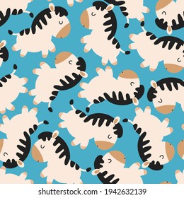 Zebras on a blue background. Bright seamless irregular pattern. For children's textiles, clothing