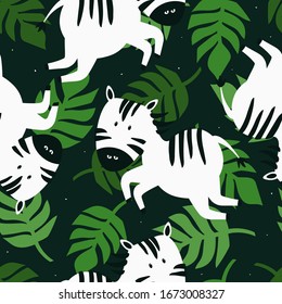Zebras, palm leaves, hand drawn backdrop. Colorful seamless pattern with animals. Decorative cute wallpaper, good for printing. Overlapping background vector. Design illustration