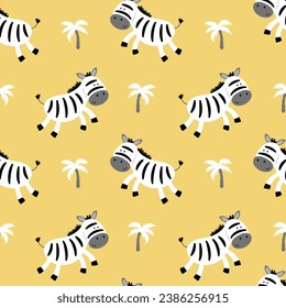 Zebras and palms tree hand drawn. Colorful seamless pattern with animals. Decorative cute wallpaper, good for printing.