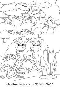 Zebras and parrots family. Animals cartoon. Coloring page outline of cartoon. Vector illustration, coloring book for kids.
