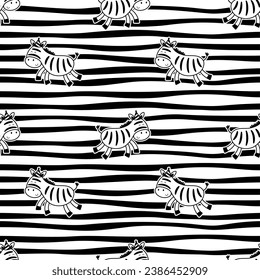 Zebras with party hat hand drawn seamless pattern. Cute cartoon Zebra on stripped background