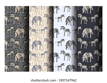 Zebras in the rain. Set of seamless vector patterns