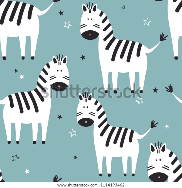 Zebras, stars, hand drawn colored backdrop. Colorful seamless pattern with animals. Decorative cute wallpaper, good for printing. Overlapping background vector, happy horses