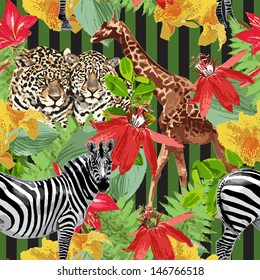 Zebras, tigers, and giraffe in colorful forest