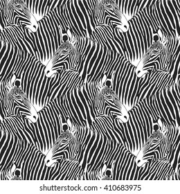 Zebras vector black and white seamless pattern. 