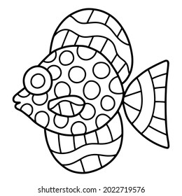 Zebrasoma Gemmatum tropical fish cartoon hand-drawn linear vector illustration. Exotic spotted fish from Indian Ocean black doodle white isolated illustration