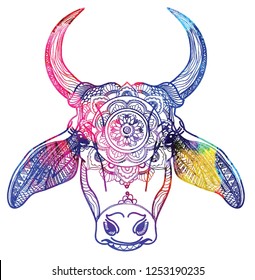 Zebu cow, Indian cow. Meditative coloring, coloring anti-stress. Patterns, points, arrows, stripes, mandala. Ethnic drawing by hand.