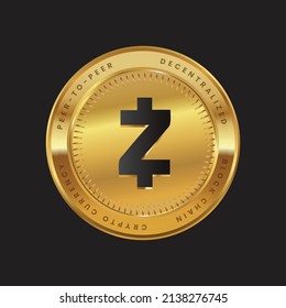 Logo de la criptodivisa ZEC en el concepto de color negro sobre la moneda de oro. Símbolo de la tecnología de la cadena Zcash Coin Block. Ilustración vectorial.