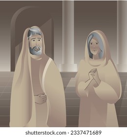 Zacarías y Isabel tenían razón ante Dios, caminando en todos los mandamientos y ordenanzas del Señor sin culpa. Lucas 1:5-7. Nacimiento de John anticipado. Ilustración de historias de la Biblia vectorial.