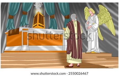 Zechariah stood before the altar of incense, facing the altar. The angel stood to the right of the altar. A large, heavy curtain hung behind the altar.