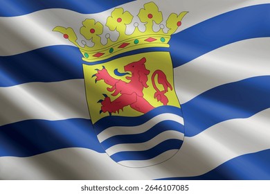 Bandeira da Zelândia acenando ao vento, textura de seda detalhada e realista. Província dos Países Baixos