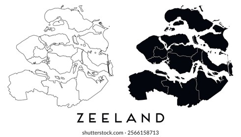 Zeeland map of regions districts vector black on white and outline