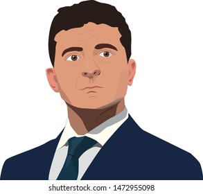 Zelensky Vladimir Volodymyr Ukraine President Cartoon Style Vector Illustration. Political Diplomacy Financial Parlament logo poster for business europe magazine  