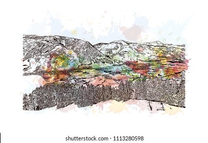 Zell am see in Austria. Watercolor splash with hand drawn sketch illustration in vector.