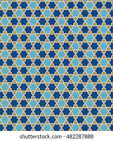 Zellige seamless pattern. Islamic tile texture. Blue and gold.