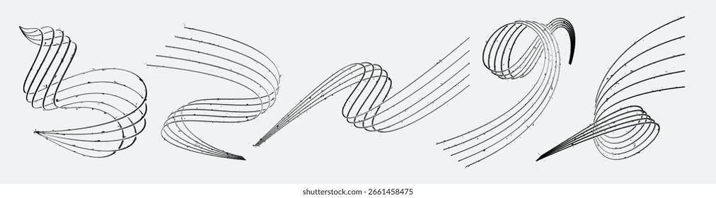 Zen 3D line swirls. Dynamic curves, flowing 5 stripes ribbon with ink splatter effect. Abstract vector lines set