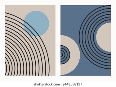 Zen abstract geometric shapes. Modern boho minimalist art. Simple figures and lines in pastel blue and beige colours. For wall decor, card, cover, branding.