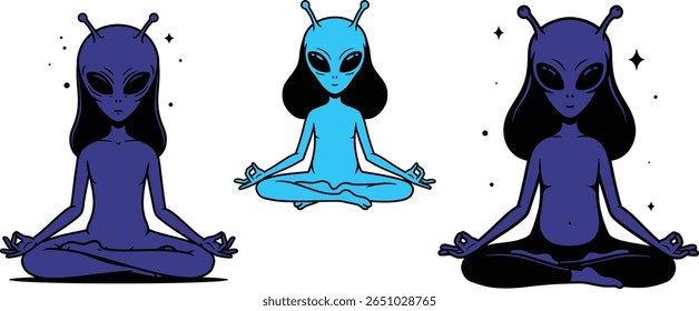 Zen Aliens Meditating Peaceful Extraterrestrial Gathering for Spiritual Harmony and Cosmic Connection in a Serene Meditative Posture