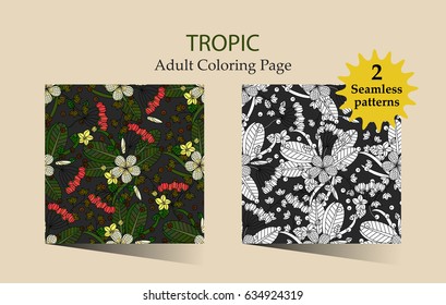 Zen and Anti stress - Coloring pages for adults. Vector seamless pattern with tropical flowers.