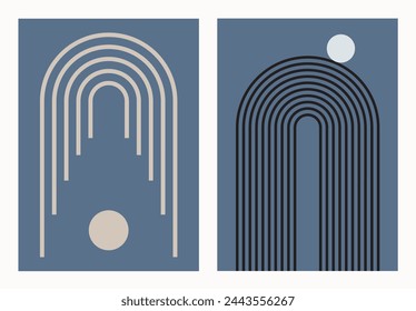 Zen arch abstract geometric shapes set. Modern boho minimalist art. Simple figures and lines in blue and beige colours. For wall decor, card, cover, poster, branding.