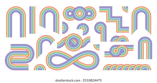 Conjunto colorido de arco zen, arco de línea de arco iris simple y Formas. Elementos mínimos geométricos del patrón del zen japonés