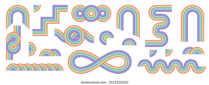 Conjunto colorido de arco zen, arco de línea de arco iris simple y Formas. Elementos mínimos geométricos del patrón del zen japonés