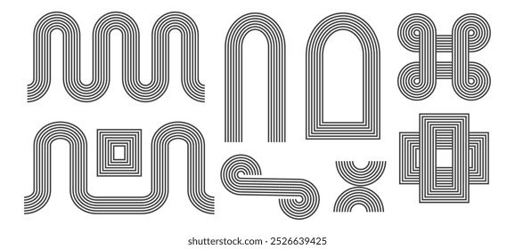 Zen arch, geometric lines abstract contemporary shapes. Set modern minimal aesthetic borders, frames, corners. Stripes balance elements. 
