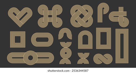 Zen arch, gold geometric lines, knots abstract contemporary shapes. Set modern golden minimal aesthetic borders, frames, corners. Stripes balance elements. 