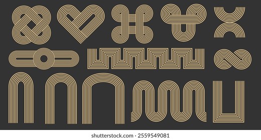 Zen arch, gold geometric lines, knots abstract contemporary shapes. Set modern golden minimal aesthetic borders, frames, corners. Stripes balance elements. 
