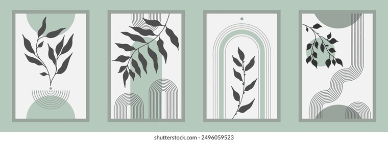 Zen arch poster set with botanical element, simple line arch shapes, and leavs. Geometric Japanese zen pattern minimal elements. Boho style strips