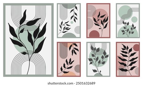 Zen arch poster set with botanical element, simple line arch shapes, and leavs. Geometric Japanese zen pattern minimal elements. Boho style strips