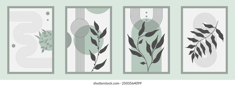 Zen arch poster set with botanical element, simple line arch shapes, and leavs. Geometric Japanese zen pattern minimal elements. Boho style strips