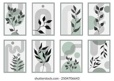 Zen-Bogen-Poster-Set mit botanischem Element, einfachen Linien-Bogen-Formen und Blättern. Geometrische japanische Zen-Muster minimale Elemente. Boho-Streifen