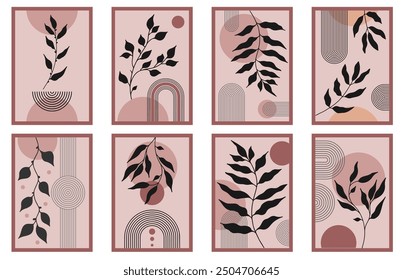 Zen arch poster set with botanical element, simple line arch shapes, and leavs. Geometric Japanese zen pattern minimal elements. Boho style strips