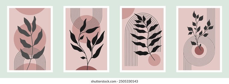 Zen arch poster set with botanical element, simple line arch shapes, and leavs. Geometric Japanese zen pattern minimal elements. Boho style strips
