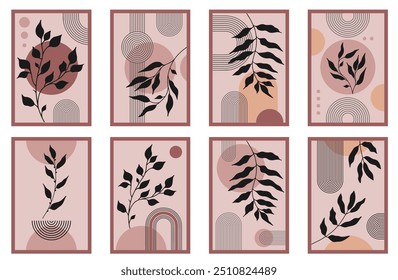 Conjunto de póster de arco zen con elemento botánico, Formas de arco de línea simple y hojas. Elementos mínimos geométricos de patrón zen japonés. Tiras de estilo boho
