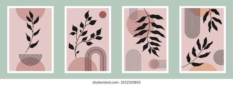 Zen arch poster set with botanical element, simple line arch shapes, and leavs. Geometric Japanese zen pattern minimal elements. Boho style strips