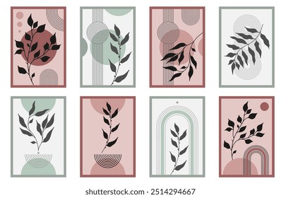 Cartaz de arco zen definido com elemento botânico, formas de arco de linha simples e folhas. Elementos mínimos de padrão zen japonês geométrico. Faixas de estilo Boho