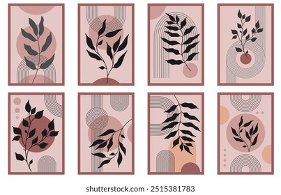 Zen arch poster set with botanical element, simple line arch shapes, and leavs. Geometric Japanese zen pattern minimal elements. Boho style strips
