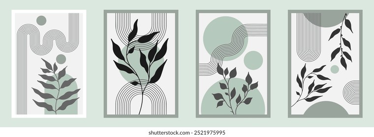 Zen arch poster set with botanical element, simple line arch shapes, and leavs. Geometric Japanese zen pattern minimal elements. Boho style strips