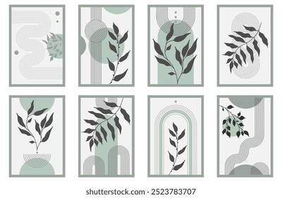 Zen arch poster set with botanical element, simple line arch shapes, and leavs. Geometric Japanese zen pattern minimal elements. Boho style strips