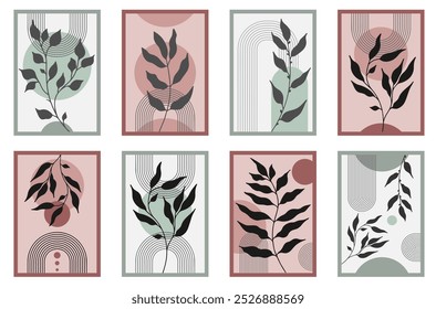 Cartaz de arco zen definido com elemento botânico, formas de arco de linha simples e folhas. Elementos mínimos de padrão zen japonês geométrico. Faixas de estilo Boho