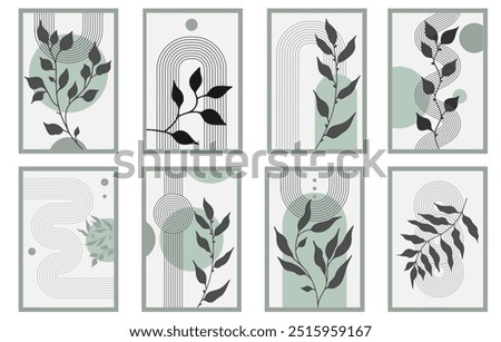 Zen arch poster set with botanical element, simple line arch shapes, and leavs. Geometric Japanese zen pattern minimal elements. Boho style strips