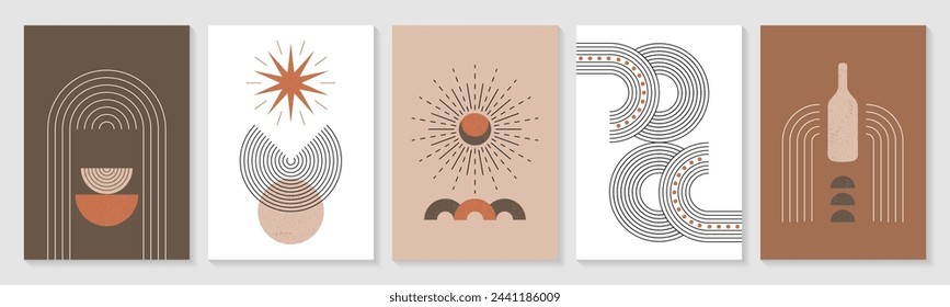 Conjunto de póster de arco Zen. Formas geométricas lineales boho modernas, líneas, figuras simples en colores pastel. Vector minimalista abstracto arte mural elementos contemporáneos, sol dorado en estilo bohemio minimalista de moda