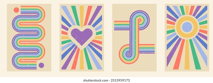 Zen arch poster set, retro style simple line arch and shapes. Geometric rainbow Japanese zen pattern, minimal elements. Boho style strips