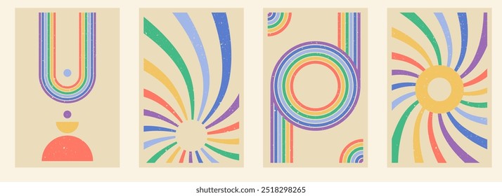 Zen arch poster set, retro style simple line arch and shapes. Geometric rainbow Japanese zen pattern, minimal elements. Boho style strips