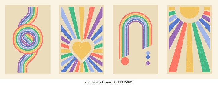 Zen-Bogen-Poster-Set, Retro-Stil einfache Linie Bogen und Formen. Geometrische Regenbogen japanische Zen-Muster, minimale Elemente. Boho-Streifen