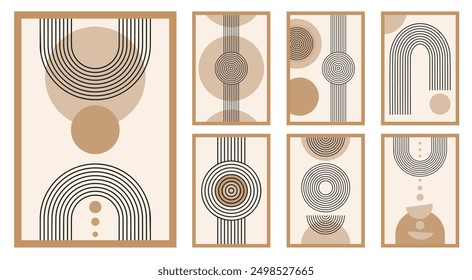 Zen arch poster set, simple line arch and shapes. Geometric Japanese zen pattern minimal elements. Boho style strips