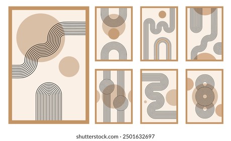 Zen arch poster set, simple line arch and shapes. Geometric Japanese zen pattern minimal elements. Boho style strips