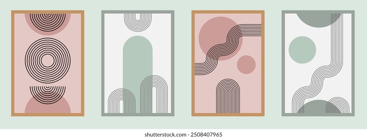 Conjunto de póster de arco zen, arco de línea simple y Formas. Elementos mínimos geométricos de patrón zen japonés. Tiras de estilo boho